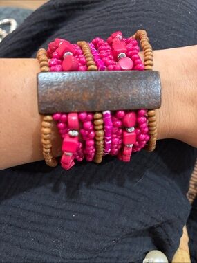 5-Handmade Pink Beaded Multi-Strand Wood Cuff Bracelet